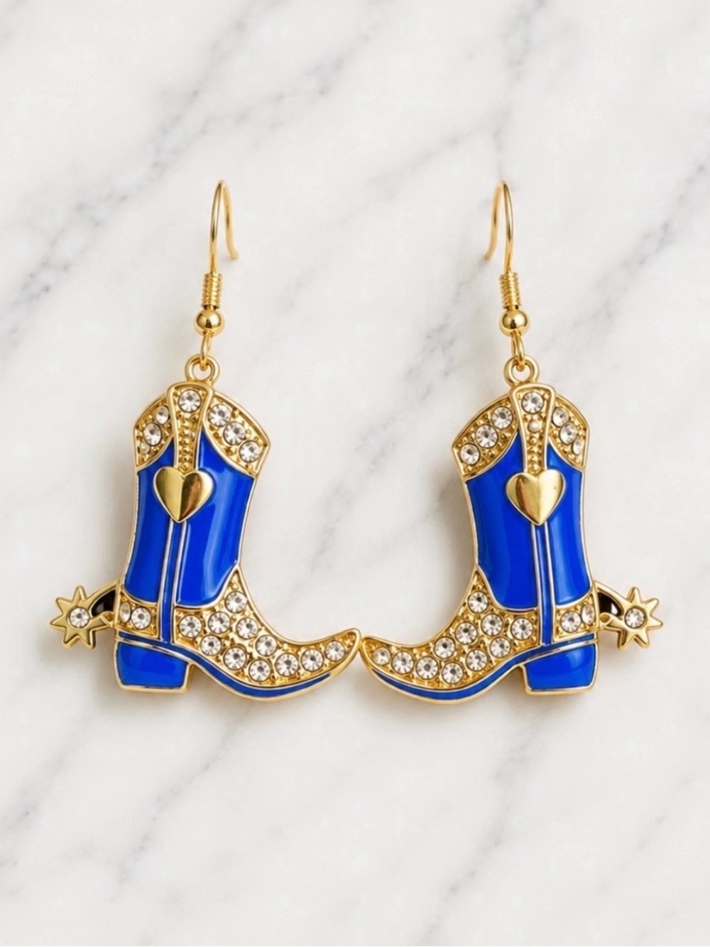 Gold & Blue enamel rhinestone Cowboy Boot Dangle Earrings - Women Jewelry